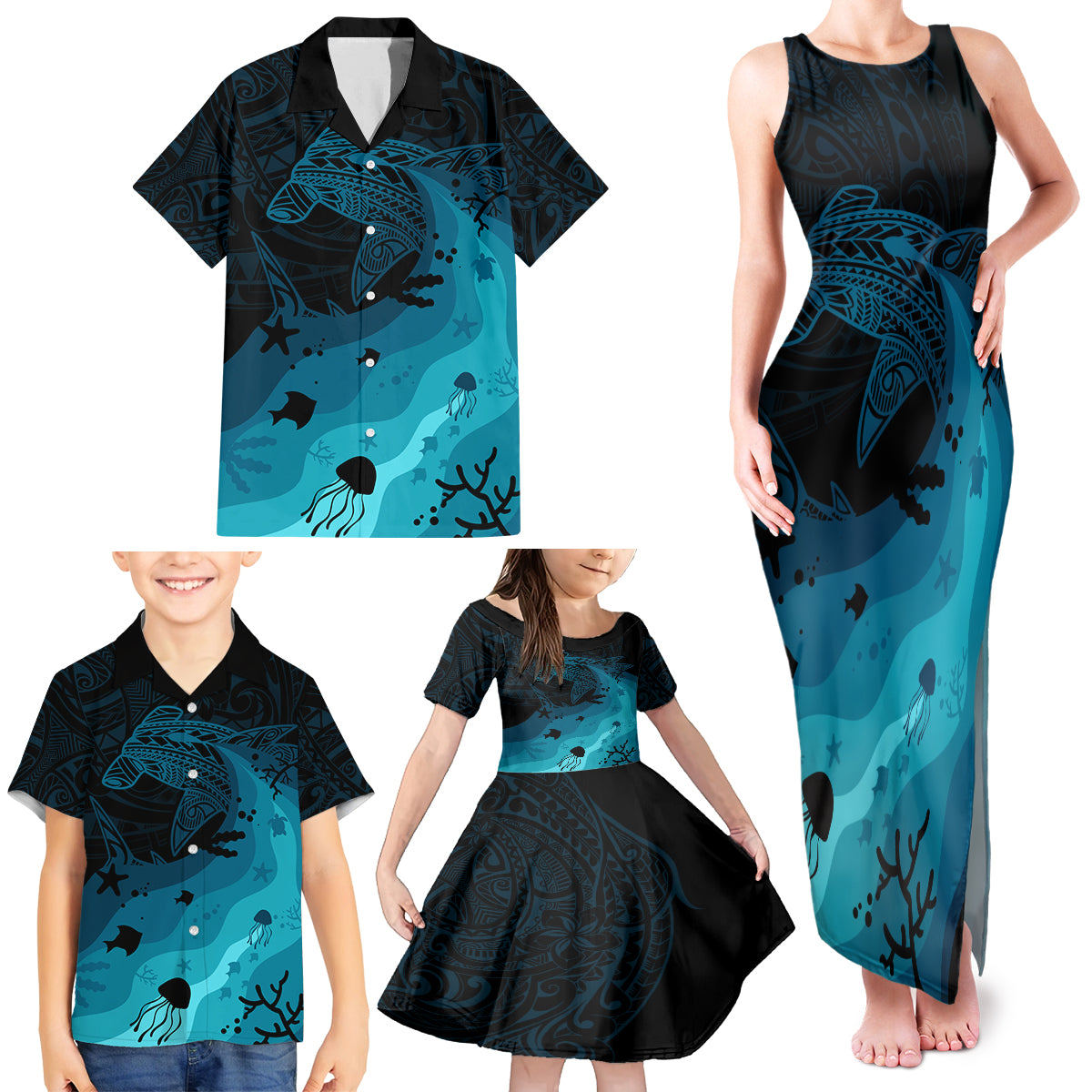 Polynesian Shark Family Matching Tank Maxi Dress and Hawaiian Shirt Under The Waves LT7 - Polynesian Pride