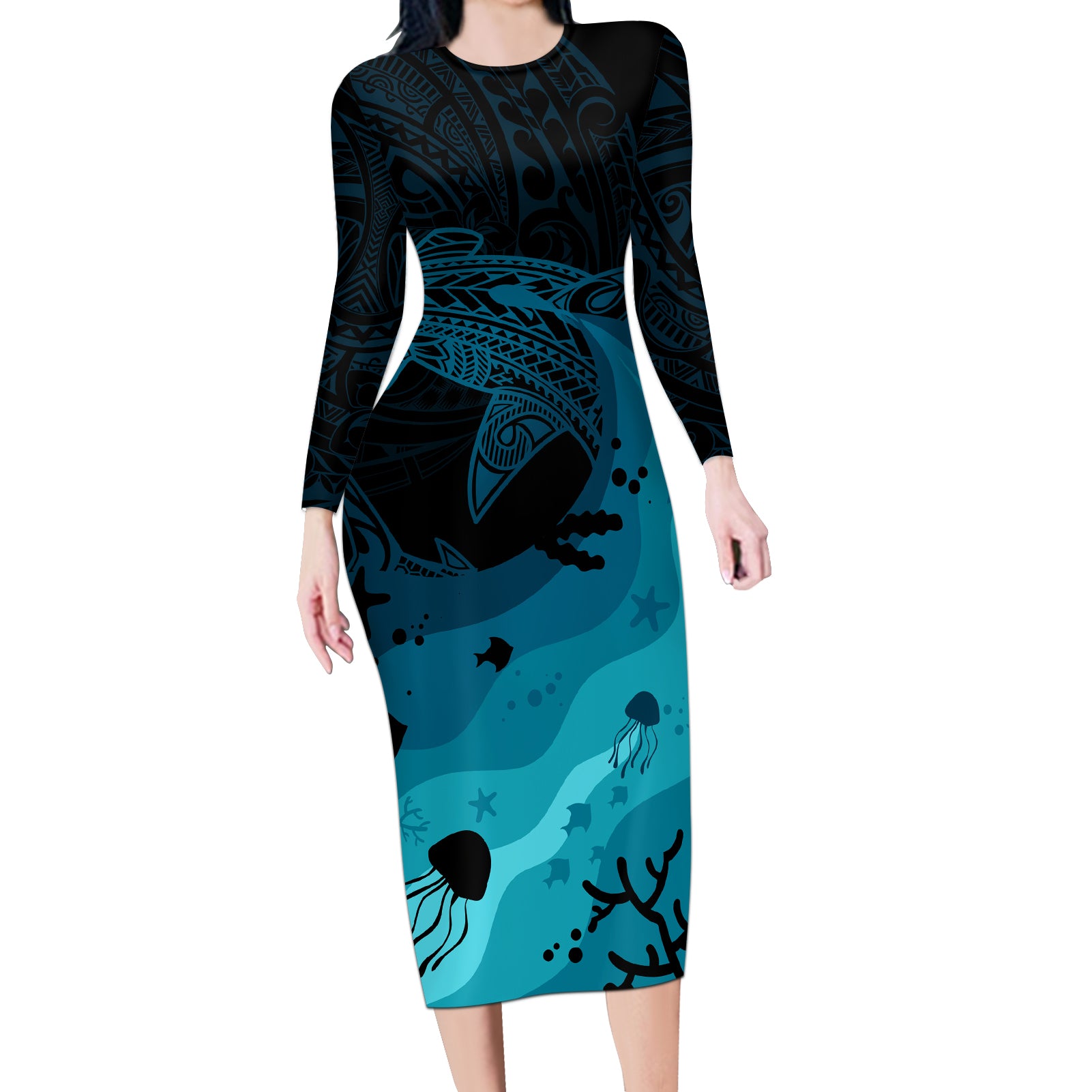 Polynesian Shark Long Sleeve Bodycon Dress Under The Waves LT7 Long Dress Dark Blue - Polynesian Pride