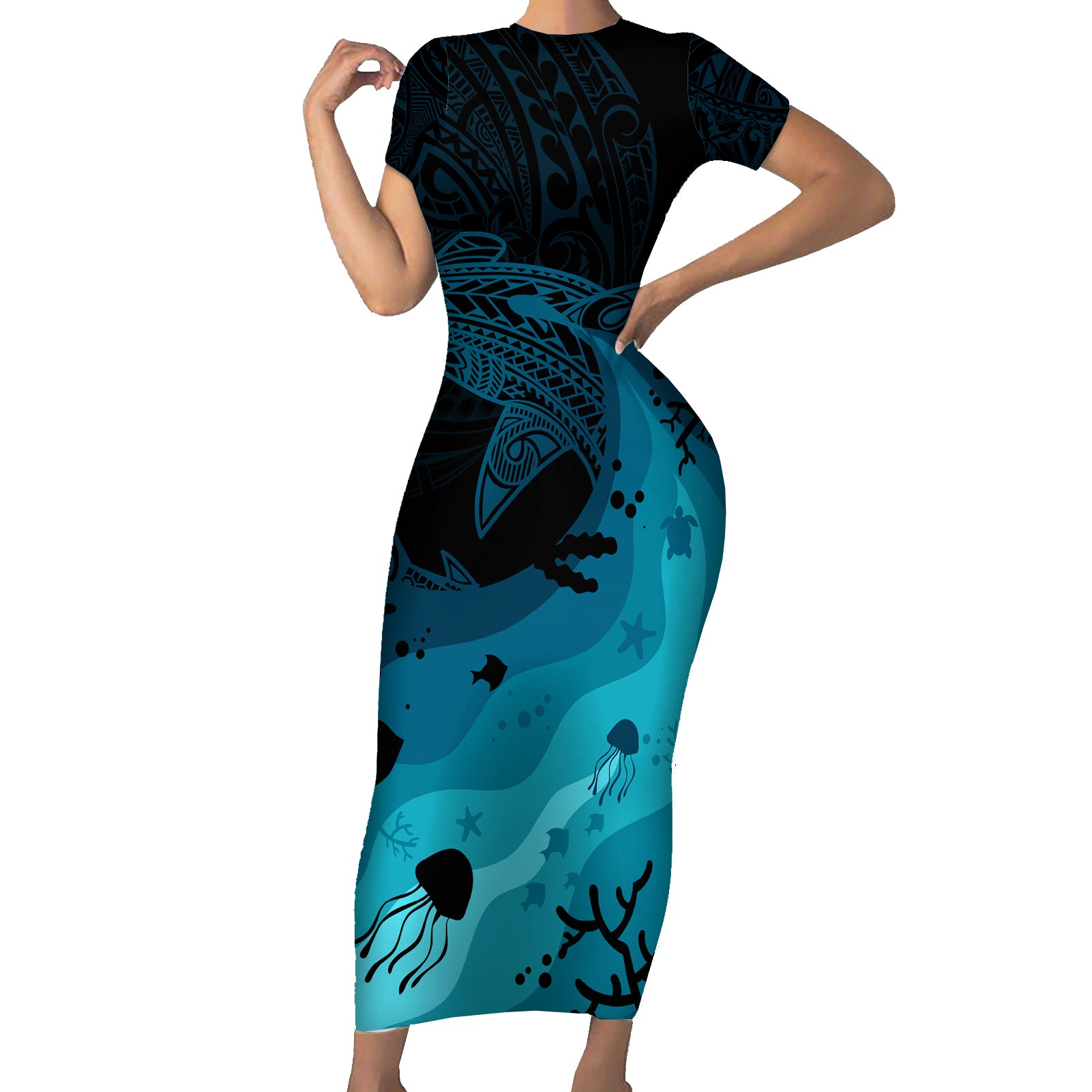 Polynesian Shark Short Sleeve Bodycon Dress Under The Waves LT7 Long Dress Dark Blue - Polynesian Pride