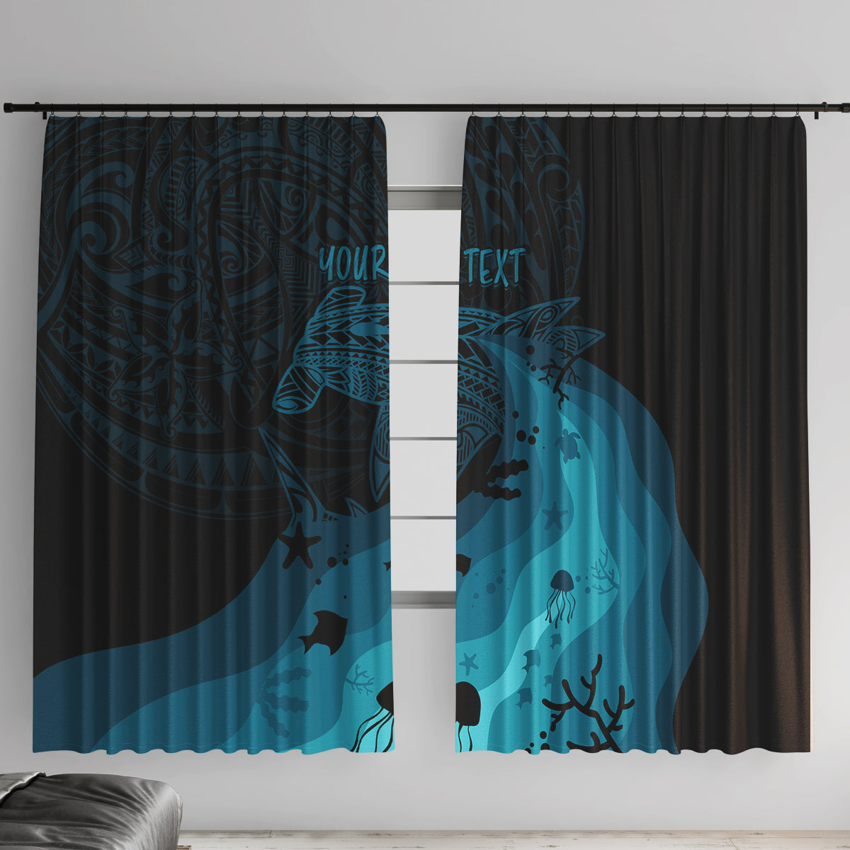 Polynesian Shark Window Curtain Under The Waves LT7 With Hooks Dark Blue - Polynesian Pride