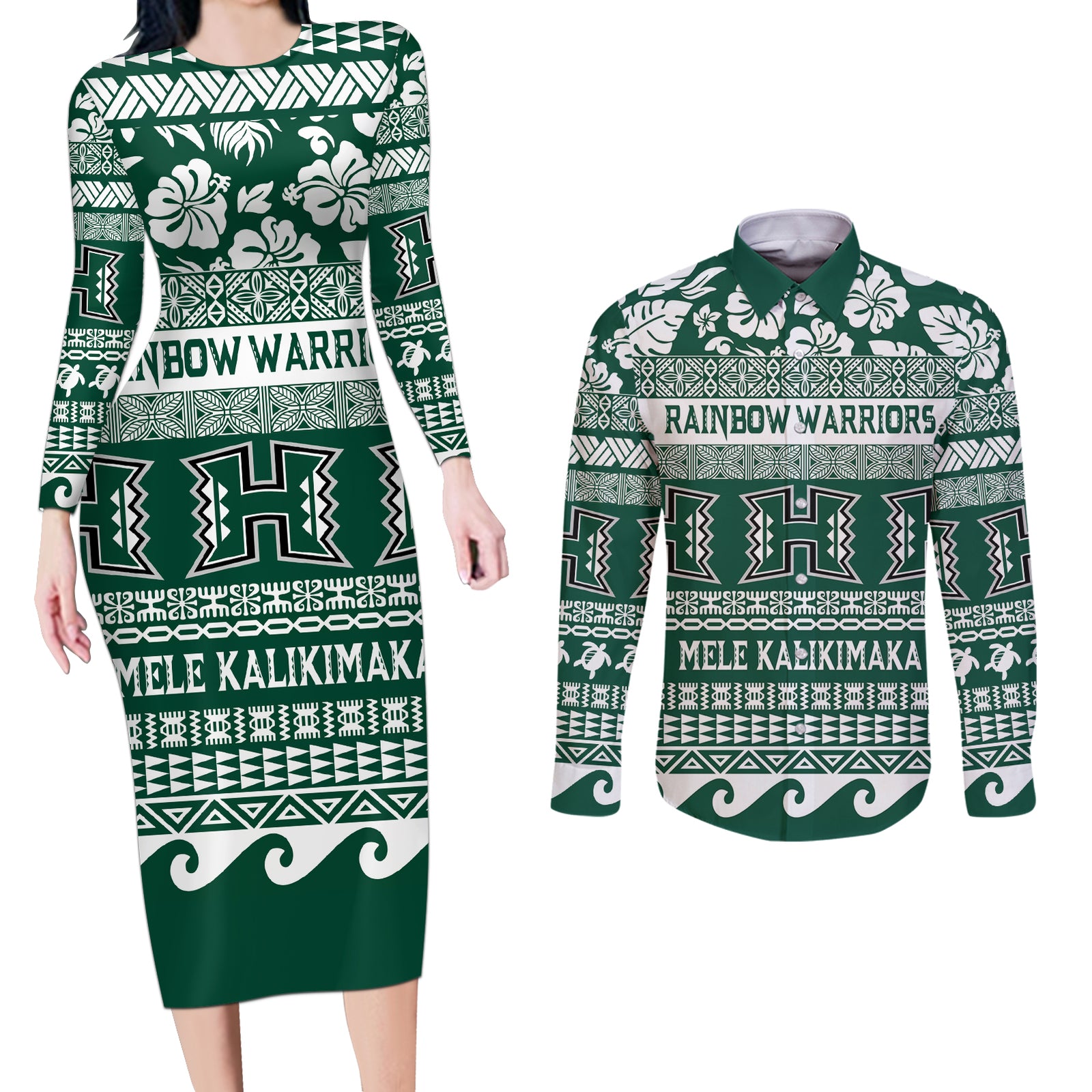 Hawaii Rainbow Warriors Christmas Couples Matching Long Sleeve Bodycon Dress and Long Sleeve Button Shirt Kakau Motifs LT7 Green - Polynesian Pride
