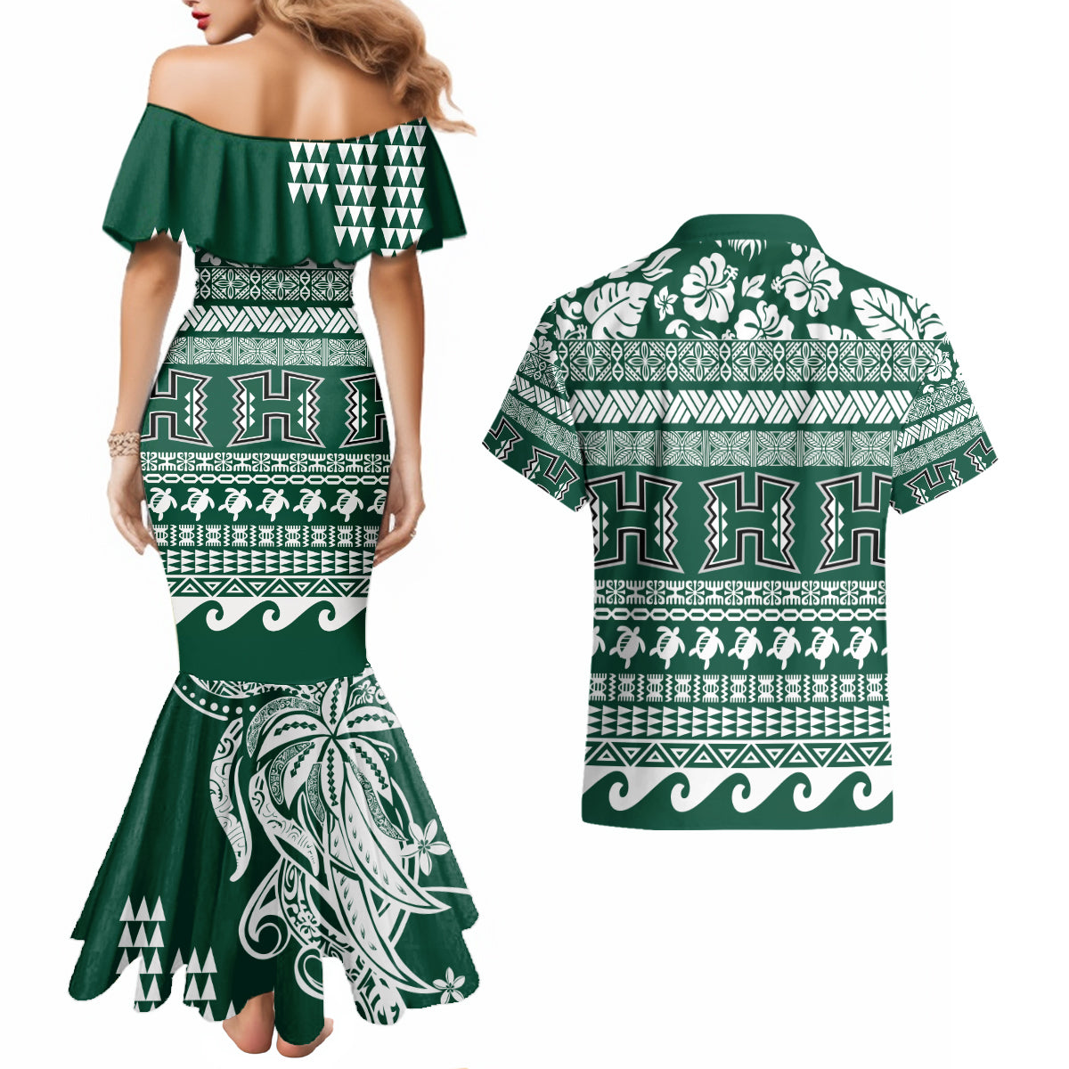 Hawaii Rainbow Warriors Christmas Couples Matching Mermaid Dress and Hawaiian Shirt Kakau Motifs LT7 - Polynesian Pride