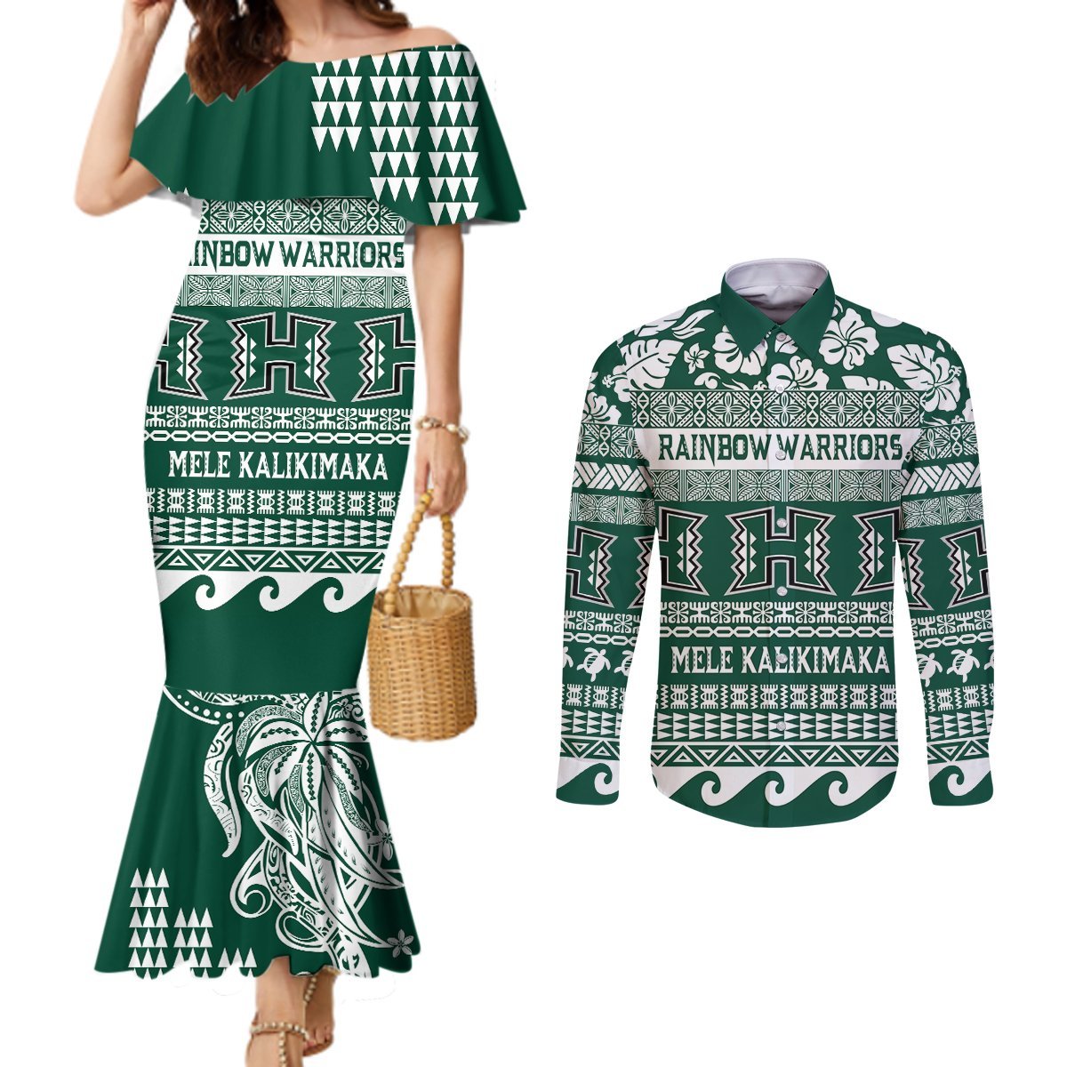 Hawaii Rainbow Warriors Christmas Couples Matching Mermaid Dress and Long Sleeve Button Shirt Kakau Motifs LT7 Green - Polynesian Pride