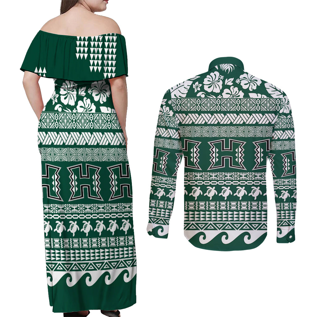 Hawaii Rainbow Warriors Christmas Couples Matching Off Shoulder Maxi Dress and Long Sleeve Button Shirt Kakau Motifs LT7 - Polynesian Pride