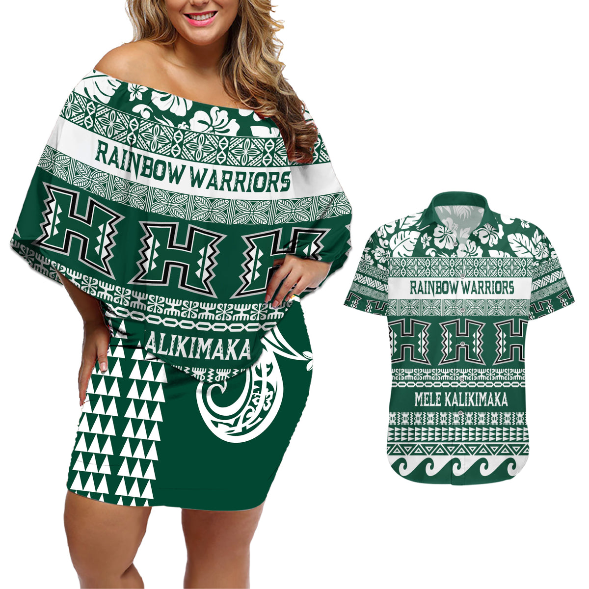 Hawaii Rainbow Warriors Christmas Couples Matching Off Shoulder Short Dress and Hawaiian Shirt Kakau Motifs LT7 Green - Polynesian Pride