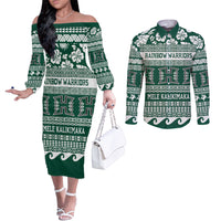 Hawaii Rainbow Warriors Christmas Couples Matching Off The Shoulder Long Sleeve Dress and Long Sleeve Button Shirt Kakau Motifs LT7 Green - Polynesian Pride