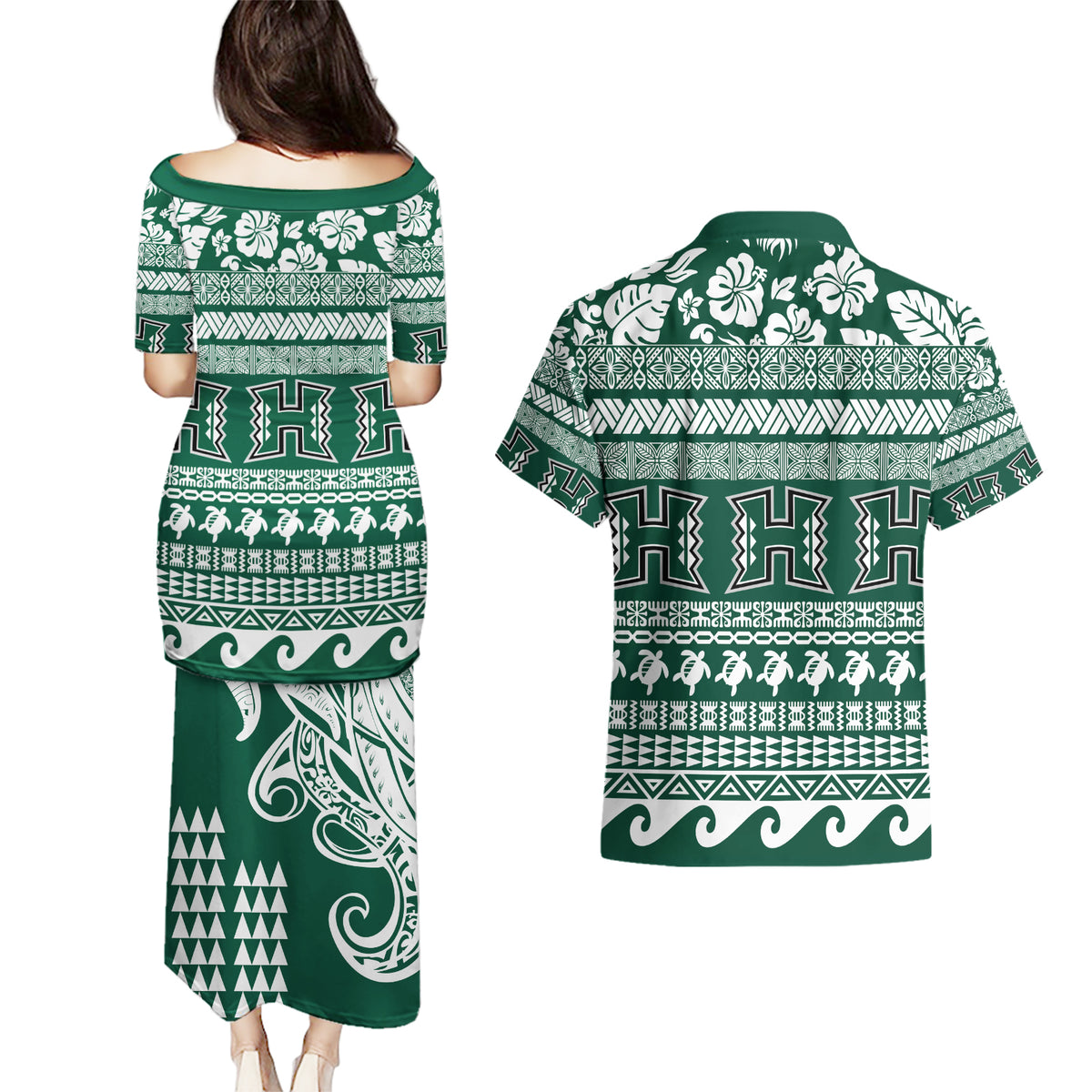 Hawaii Rainbow Warriors Christmas Couples Matching Puletasi Dress and Hawaiian Shirt Kakau Motifs LT7 - Polynesian Pride
