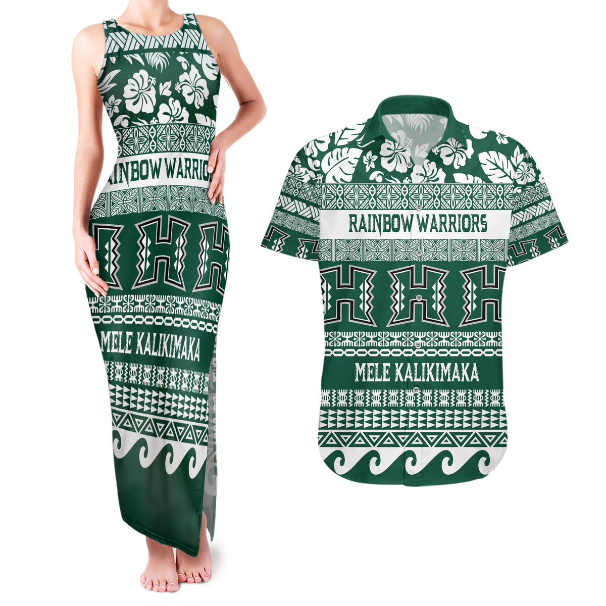 Hawaii Rainbow Warriors Christmas Couples Matching Tank Maxi Dress and Hawaiian Shirt Kakau Motifs LT7 Green - Polynesian Pride