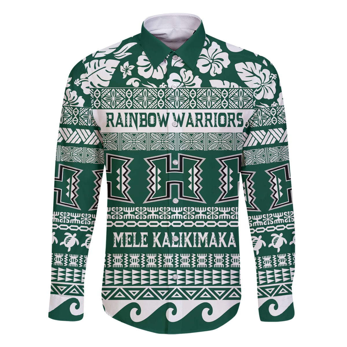 Hawaii Rainbow Warriors Christmas Family Matching Off Shoulder Short Dress and Hawaiian Shirt Kakau Motifs LT7 Dad's Shirt - Long Sleeve Green - Polynesian Pride