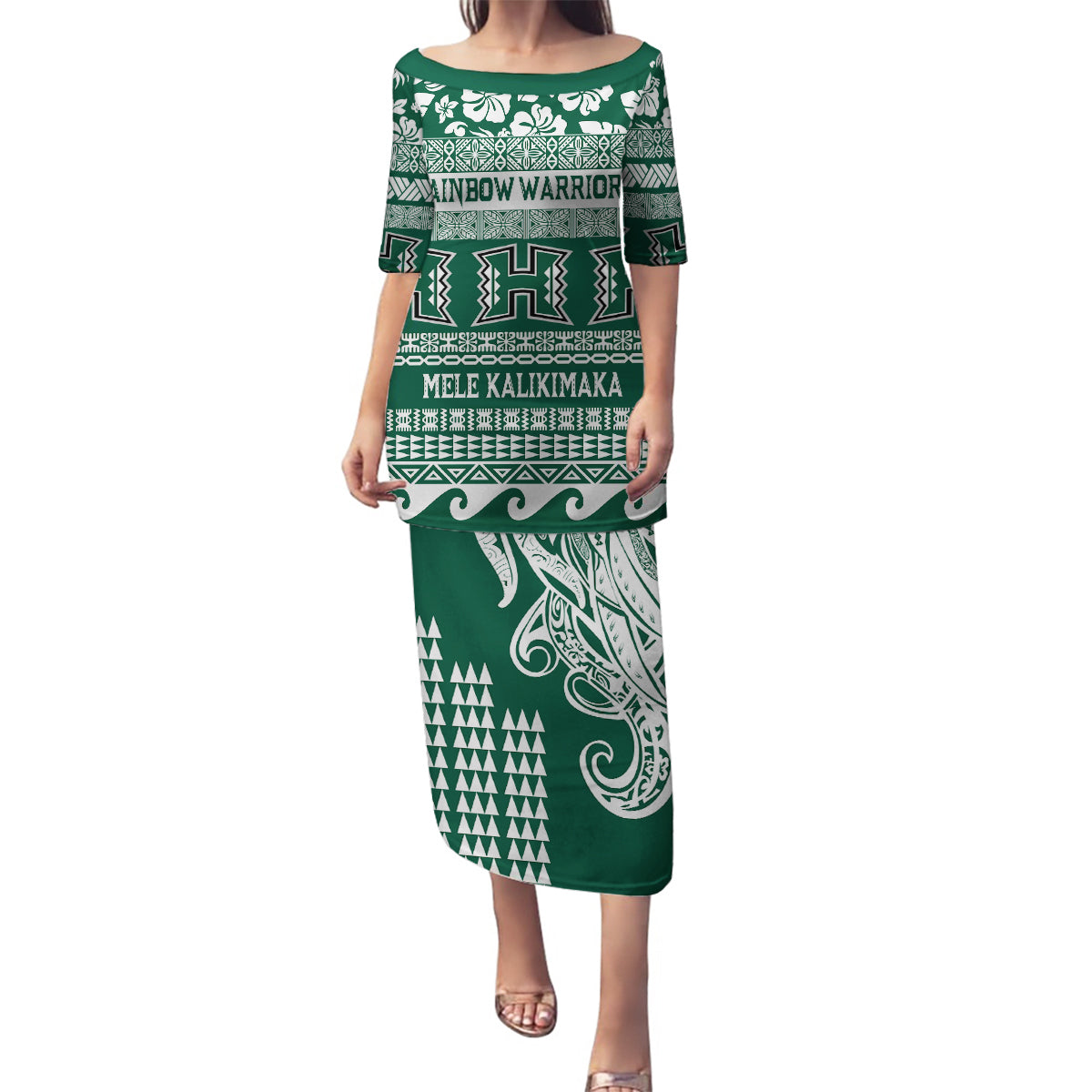 Hawaii Rainbow Warriors Christmas Family Matching Puletasi Dress and Hawaiian Shirt Kakau Motifs LT7 Mom's Dress Green - Polynesian Pride