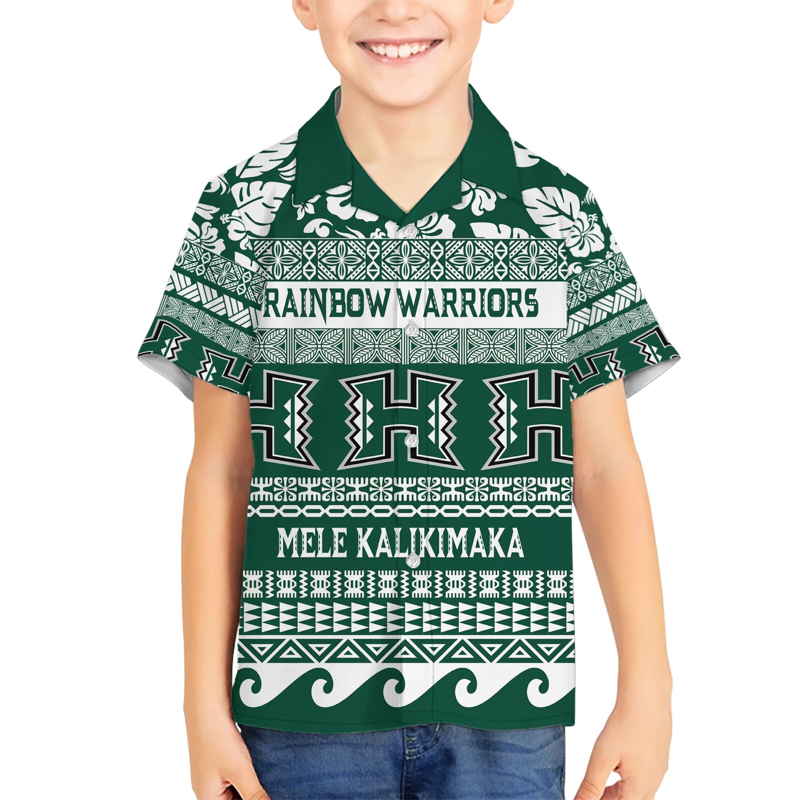 Hawaii Rainbow Warriors Christmas Kid Hawaiian Shirt Kakau Motifs LT7 Kid Green - Polynesian Pride