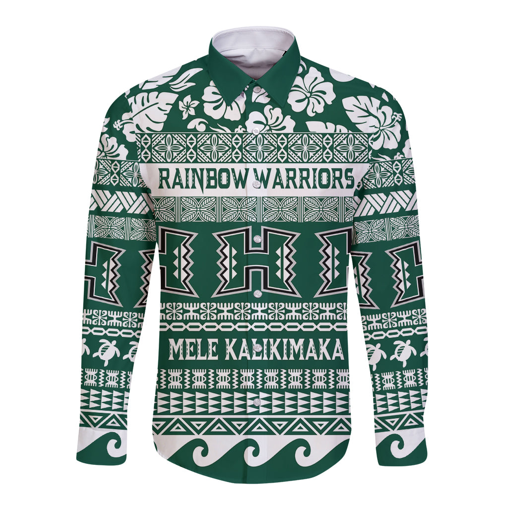Hawaii Rainbow Warriors Christmas Long Sleeve Button Shirt Kakau Motifs LT7 Unisex Green - Polynesian Pride