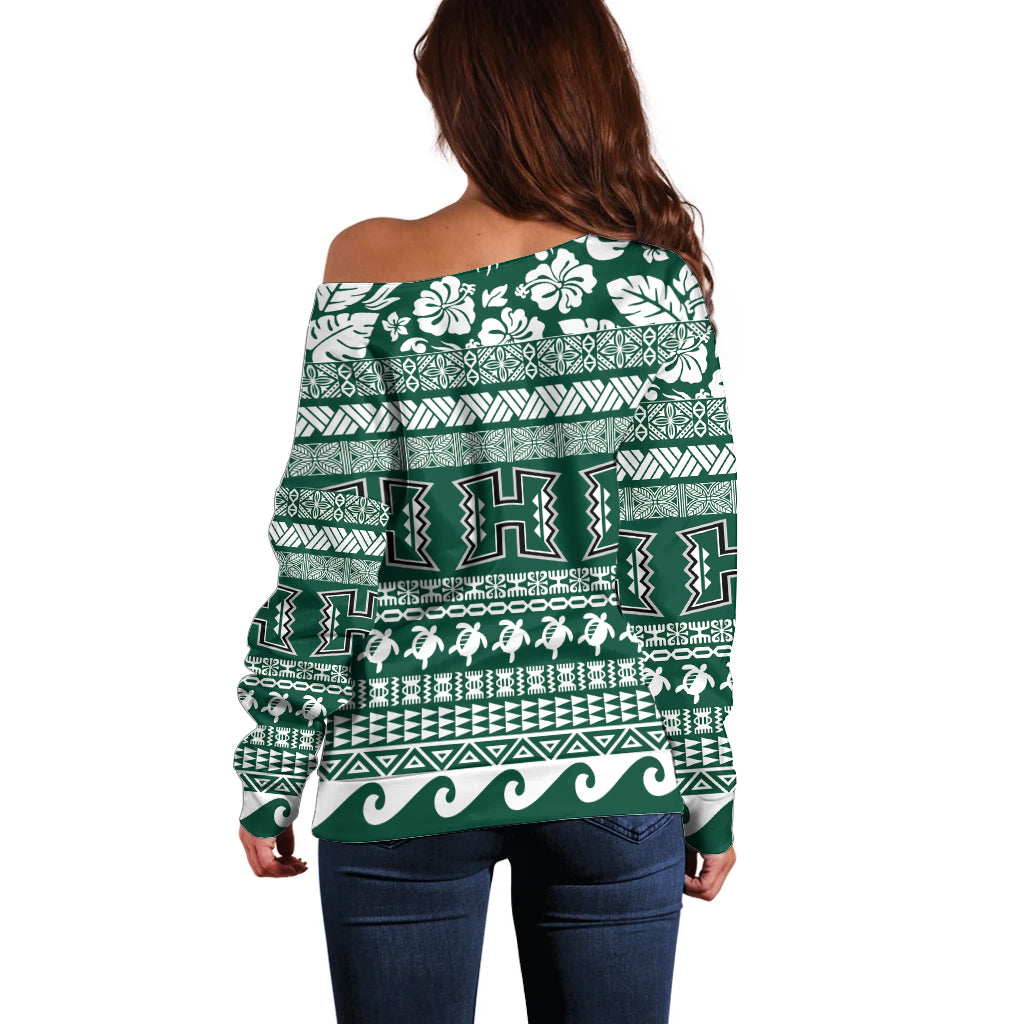 Hawaii Rainbow Warriors Christmas Off Shoulder Sweater Kakau Motifs LT7 - Polynesian Pride