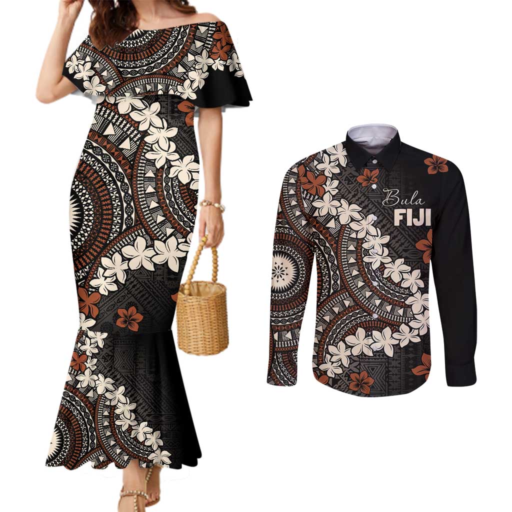 Bula Fiji Women's Day Couples Matching Mermaid Dress and Long Sleeve Button Shirt Classic Masi Tapa
