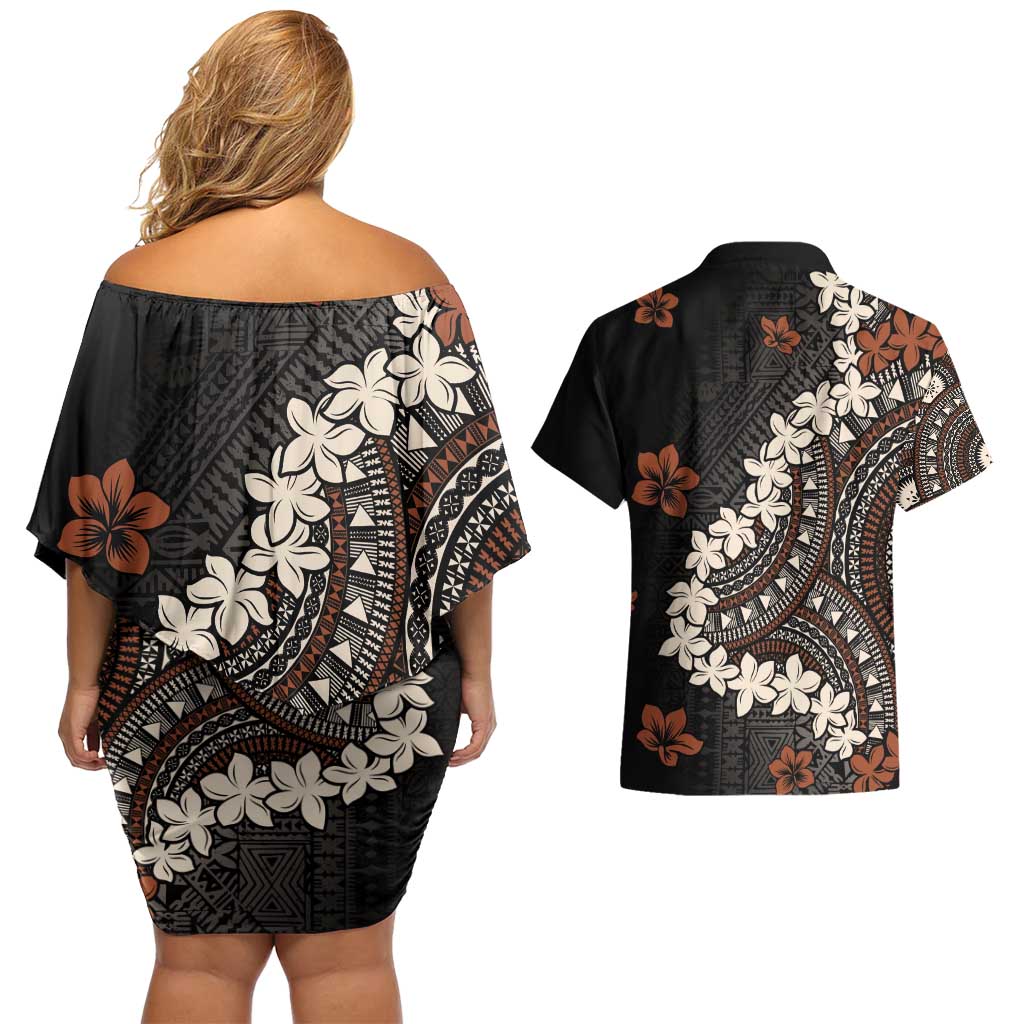 Bula Fiji Women's Day Couples Matching Off Shoulder Short Dress and Hawaiian Shirt Classic Masi Tapa