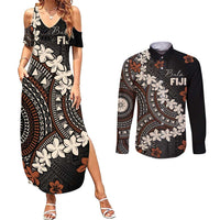 Bula Fiji Women's Day Couples Matching Summer Maxi Dress and Long Sleeve Button Shirt Classic Masi Tapa