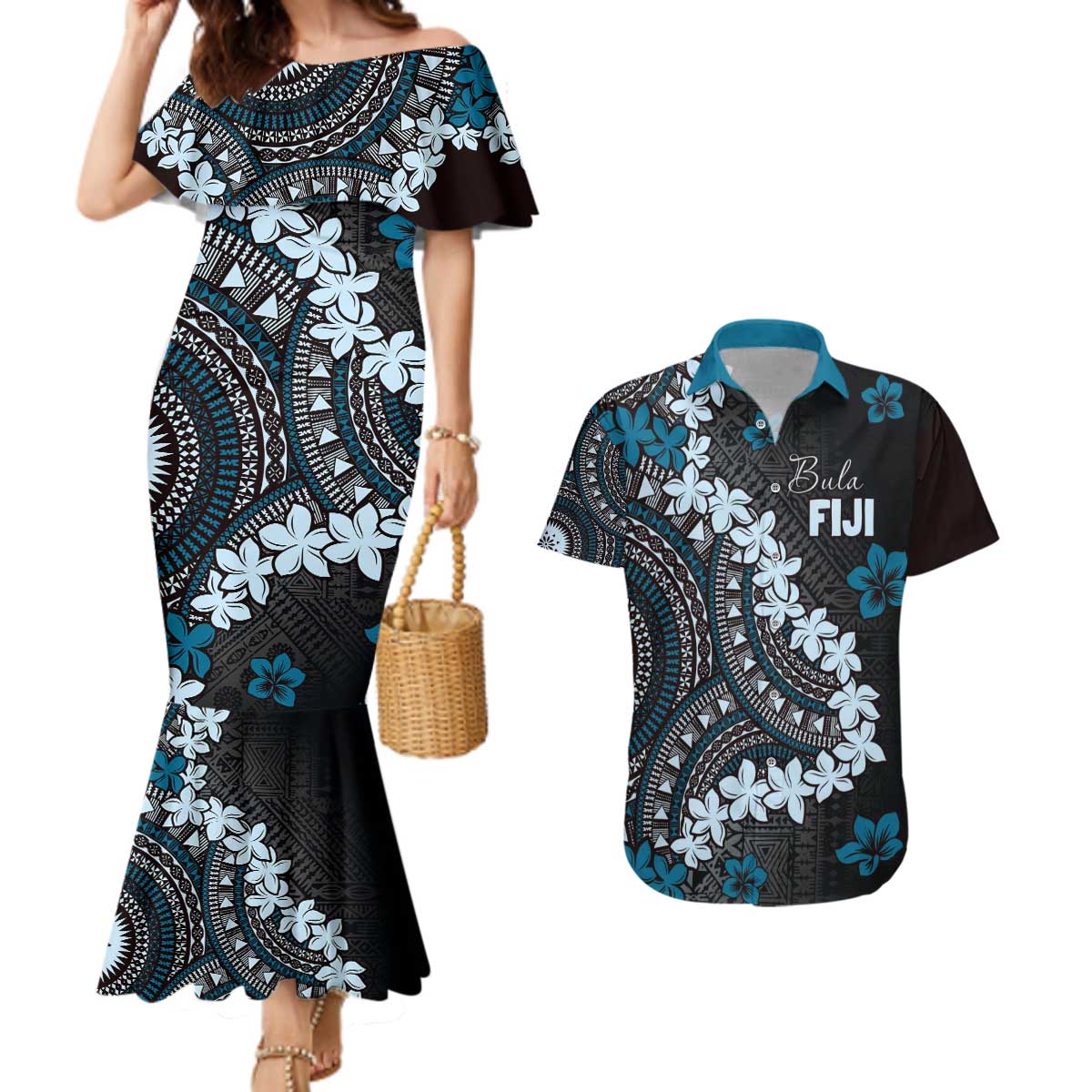 Bula Fiji Women's Day Couples Matching Mermaid Dress and Hawaiian Shirt Indigo Masi Tapa