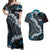 Bula Fiji Women's Day Couples Matching Off Shoulder Maxi Dress and Hawaiian Shirt Indigo Masi Tapa