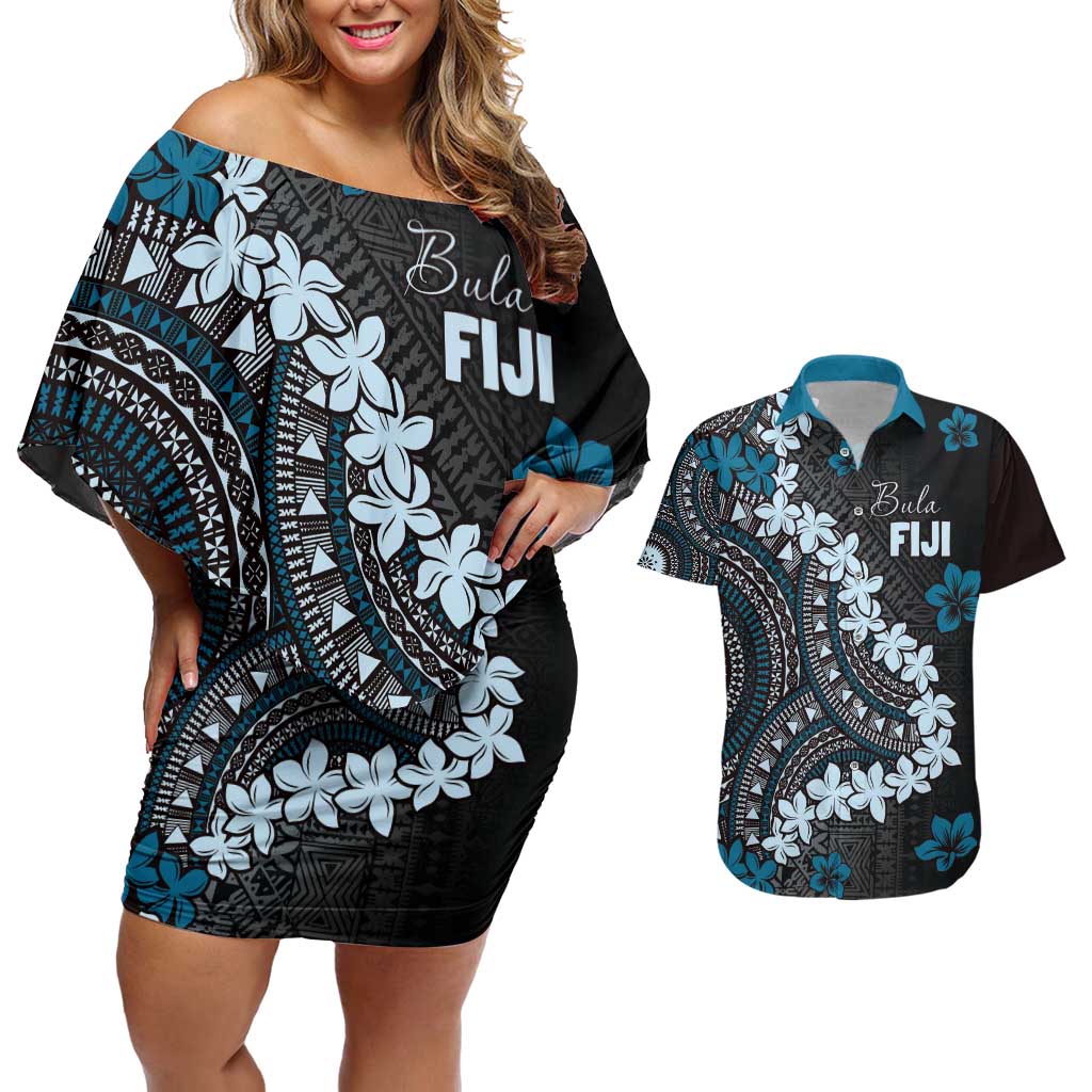 Bula Fiji Women's Day Couples Matching Off Shoulder Short Dress and Hawaiian Shirt Indigo Masi Tapa