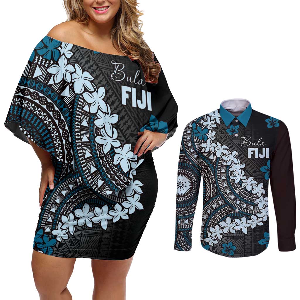 Bula Fiji Women's Day Couples Matching Off Shoulder Short Dress and Long Sleeve Button Shirt Indigo Masi Tapa