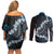 Bula Fiji Women's Day Couples Matching Off Shoulder Short Dress and Long Sleeve Button Shirt Indigo Masi Tapa