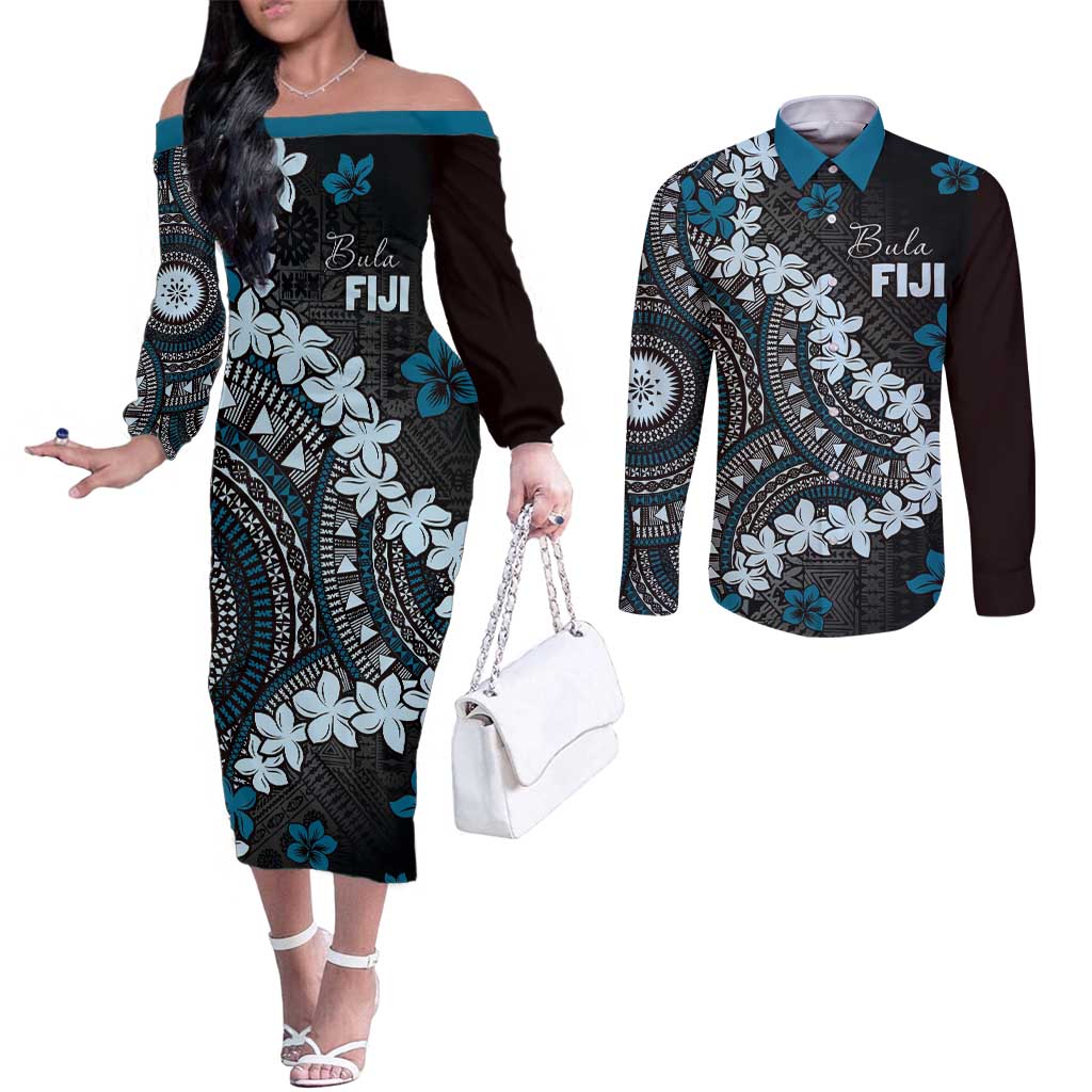 Bula Fiji Women's Day Couples Matching Off The Shoulder Long Sleeve Dress and Long Sleeve Button Shirt Indigo Masi Tapa