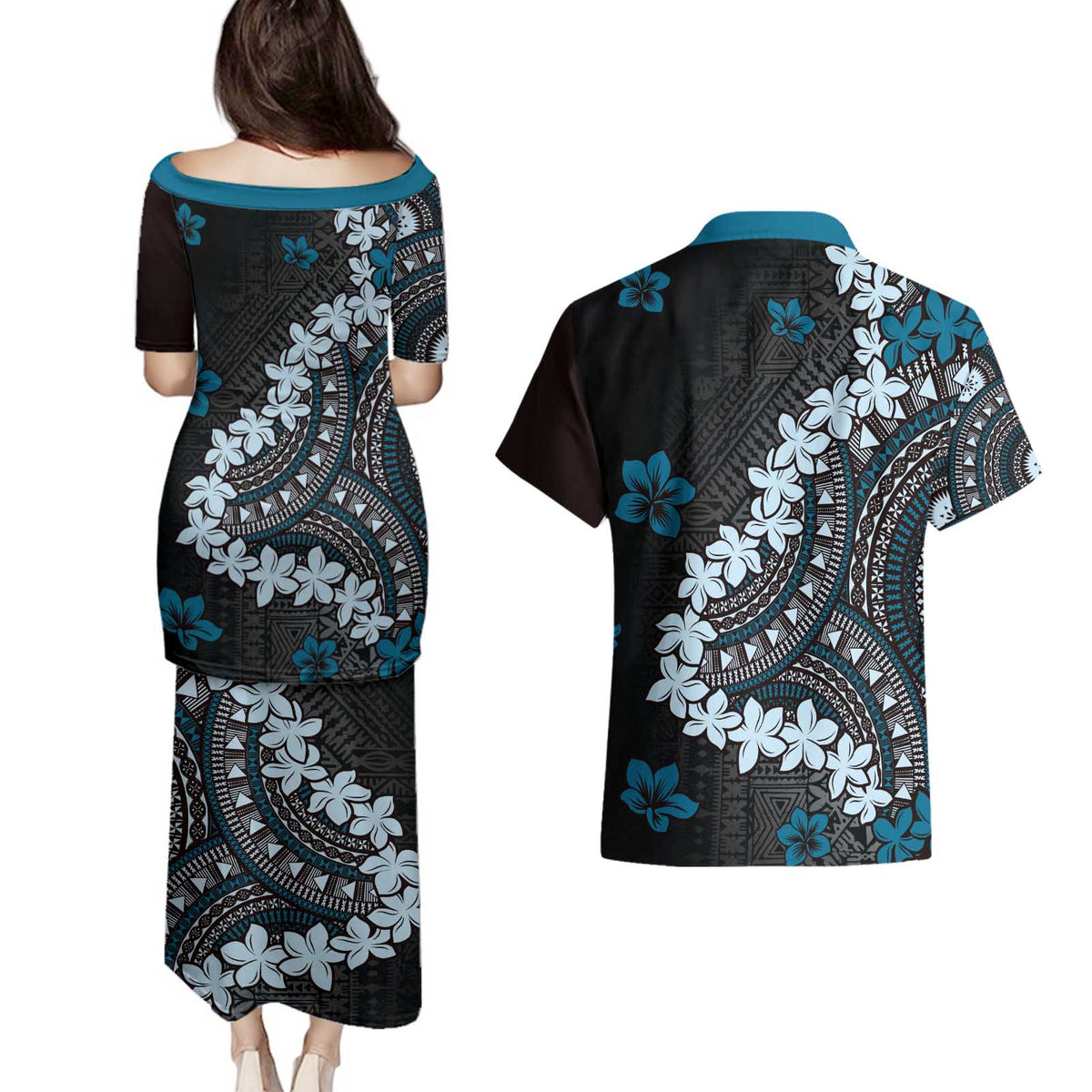 Bula Fiji Women's Day Couples Matching Puletasi and Hawaiian Shirt Indigo Masi Tapa
