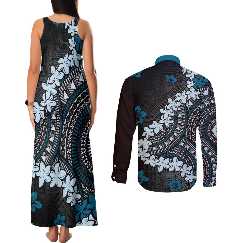 Bula Fiji Women's Day Couples Matching Tank Maxi Dress and Long Sleeve Button Shirt Indigo Masi Tapa