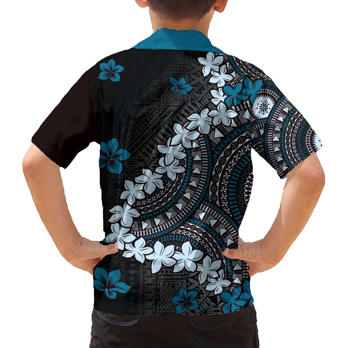 Bula Fiji Women's Day Family Matching Off The Shoulder Long Sleeve Dress and Hawaiian Shirt Indigo Masi Tapa