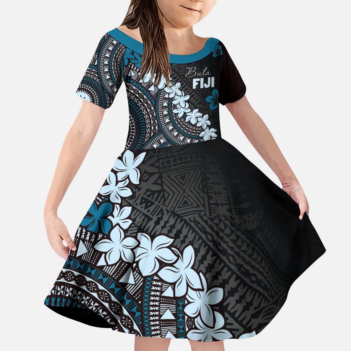 Bula Fiji Women's Day Kid Short Sleeve Dress Indigo Masi Tapa