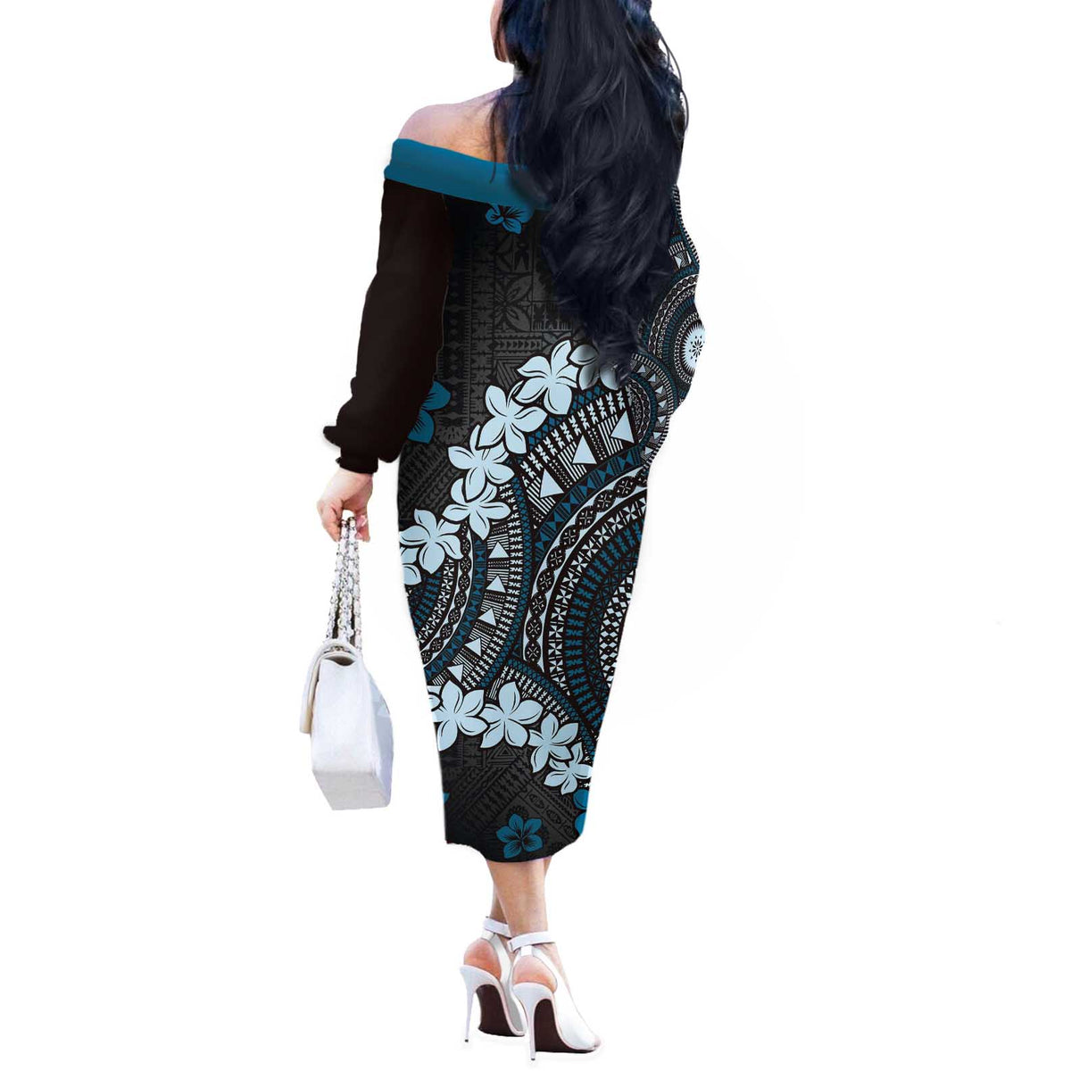 Bula Fiji Women's Day Off The Shoulder Long Sleeve Dress Indigo Masi Tapa