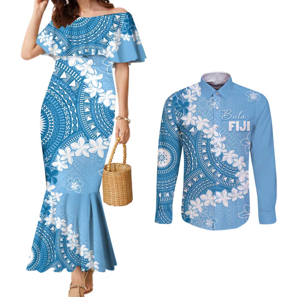 Bula Fiji Women's Day Couples Matching Mermaid Dress and Long Sleeve Button Shirt Turquoise Masi Tapa