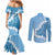 Bula Fiji Women's Day Couples Matching Mermaid Dress and Long Sleeve Button Shirt Turquoise Masi Tapa