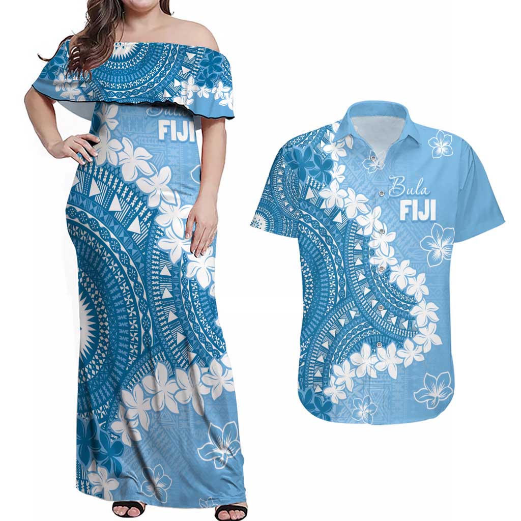 Bula Fiji Women's Day Couples Matching Off Shoulder Maxi Dress and Hawaiian Shirt Turquoise Masi Tapa
