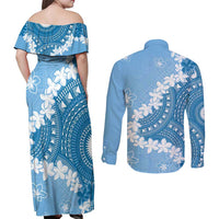 Bula Fiji Women's Day Couples Matching Off Shoulder Maxi Dress and Long Sleeve Button Shirt Turquoise Masi Tapa