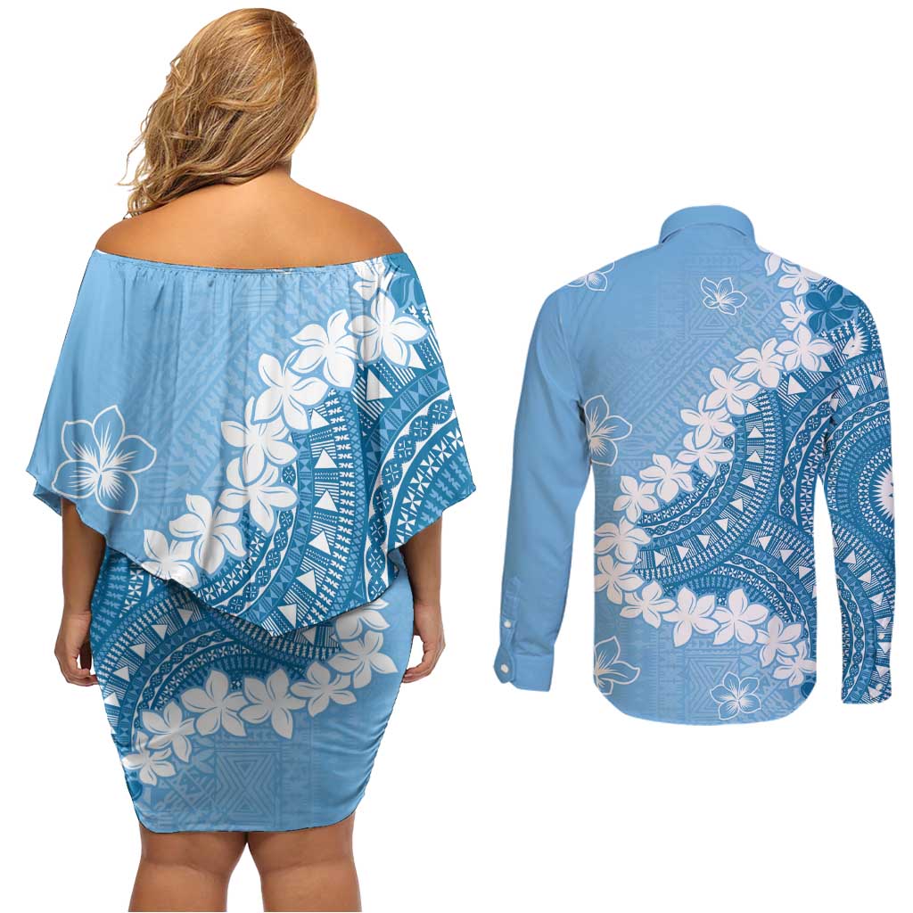 Bula Fiji Women's Day Couples Matching Off Shoulder Short Dress and Long Sleeve Button Shirt Turquoise Masi Tapa