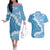 Bula Fiji Women's Day Couples Matching Off The Shoulder Long Sleeve Dress and Hawaiian Shirt Turquoise Masi Tapa