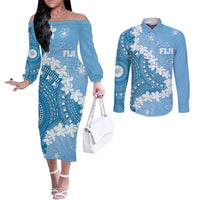 Bula Fiji Women's Day Couples Matching Off The Shoulder Long Sleeve Dress and Long Sleeve Button Shirt Turquoise Masi Tapa