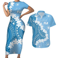 Bula Fiji Women's Day Couples Matching Short Sleeve Bodycon Dress and Hawaiian Shirt Turquoise Masi Tapa