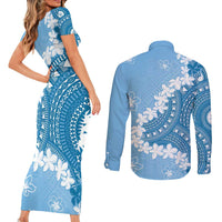 Bula Fiji Women's Day Couples Matching Short Sleeve Bodycon Dress and Long Sleeve Button Shirt Turquoise Masi Tapa