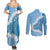 Bula Fiji Women's Day Couples Matching Summer Maxi Dress and Long Sleeve Button Shirt Turquoise Masi Tapa