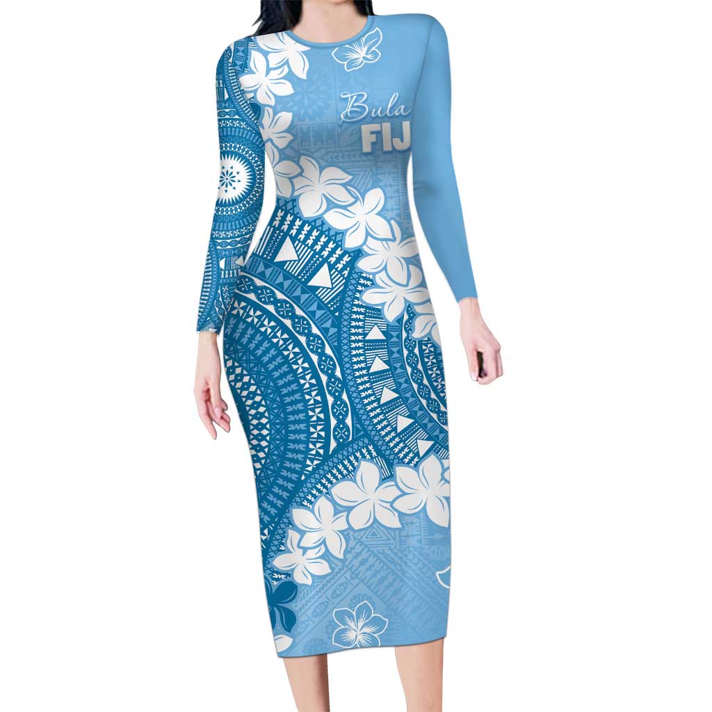 Bula Fiji Women's Day Family Matching Long Sleeve Bodycon Dress and Hawaiian Shirt Turquoise Masi Tapa