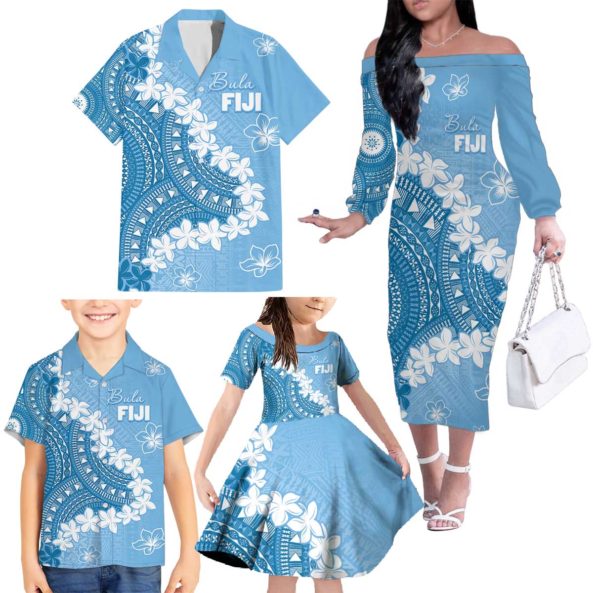 Bula Fiji Women's Day Family Matching Off The Shoulder Long Sleeve Dress and Hawaiian Shirt Turquoise Masi Tapa