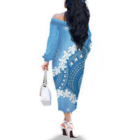 Bula Fiji Women's Day Family Matching Off The Shoulder Long Sleeve Dress and Hawaiian Shirt Turquoise Masi Tapa