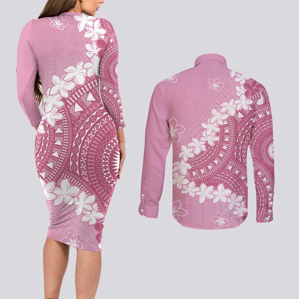 Bula Fiji Women's Day Couples Matching Long Sleeve Bodycon Dress and Long Sleeve Button Shirt Pink Masi Tapa