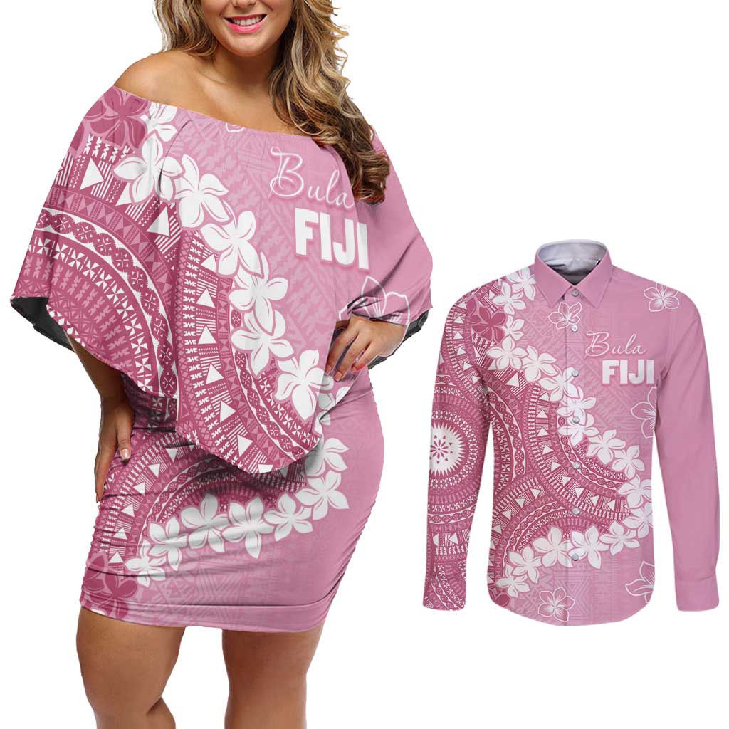 Bula Fiji Women's Day Couples Matching Off Shoulder Short Dress and Long Sleeve Button Shirt Pink Masi Tapa