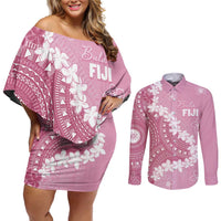 Bula Fiji Women's Day Couples Matching Off Shoulder Short Dress and Long Sleeve Button Shirt Pink Masi Tapa