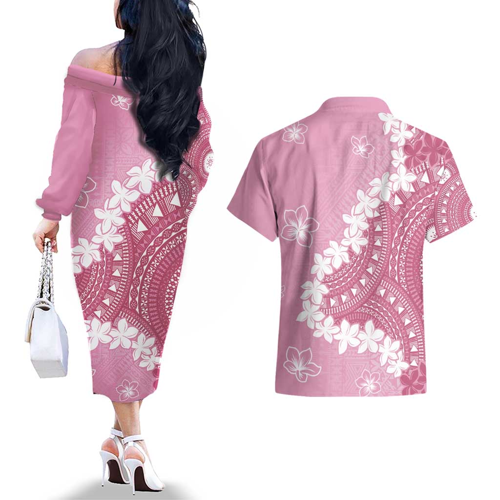 Bula Fiji Women's Day Couples Matching Off The Shoulder Long Sleeve Dress and Hawaiian Shirt Pink Masi Tapa