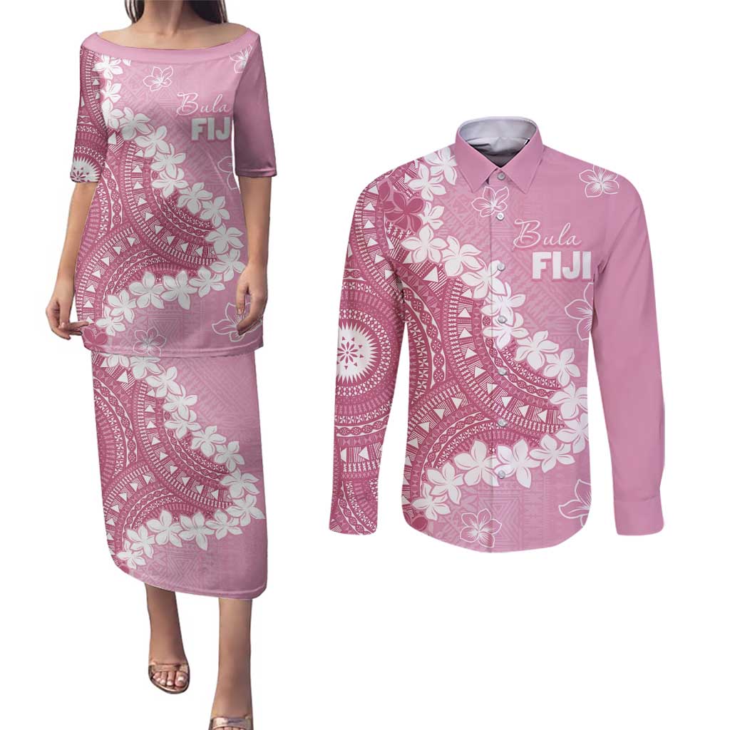 Bula Fiji Women's Day Couples Matching Puletasi and Long Sleeve Button Shirt Pink Masi Tapa