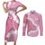 Bula Fiji Women's Day Couples Matching Short Sleeve Bodycon Dress and Long Sleeve Button Shirt Pink Masi Tapa